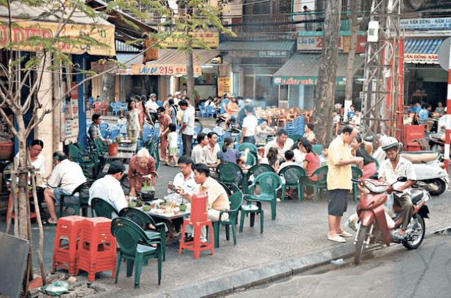 The sellers take up a lot of pavement when you walk down the street in Vietnam