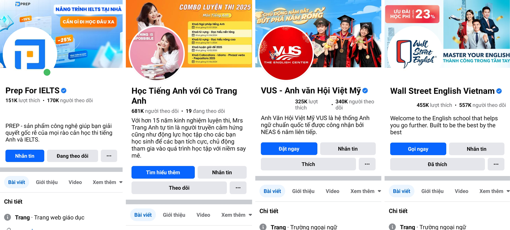 Một số fanpage trung tâm tiếng Anh